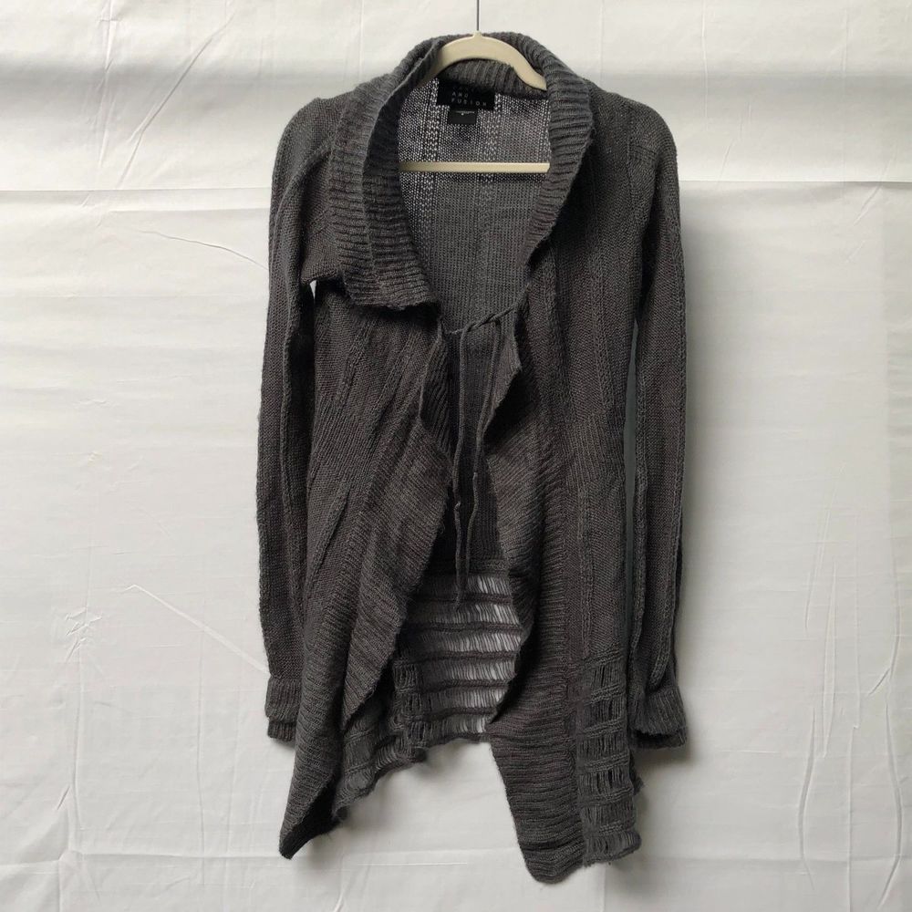 Trendy boho open knit ruffle charcoal Cover Up Cardigan sweater S will fit M